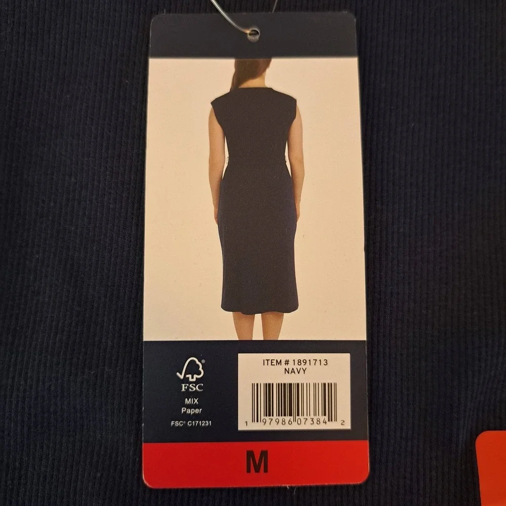 Lands' End Rib Knit Dress Womens‎ M Navy NWT Sleeveless Midi Tie Belt 799-303